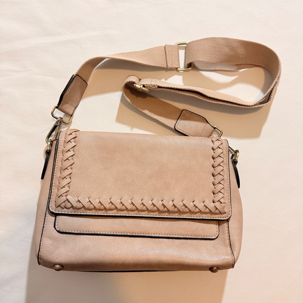 Jen & Co Crossbody Bag Womens Medium Blush Tan Braided Woven Guitar Strap Boho